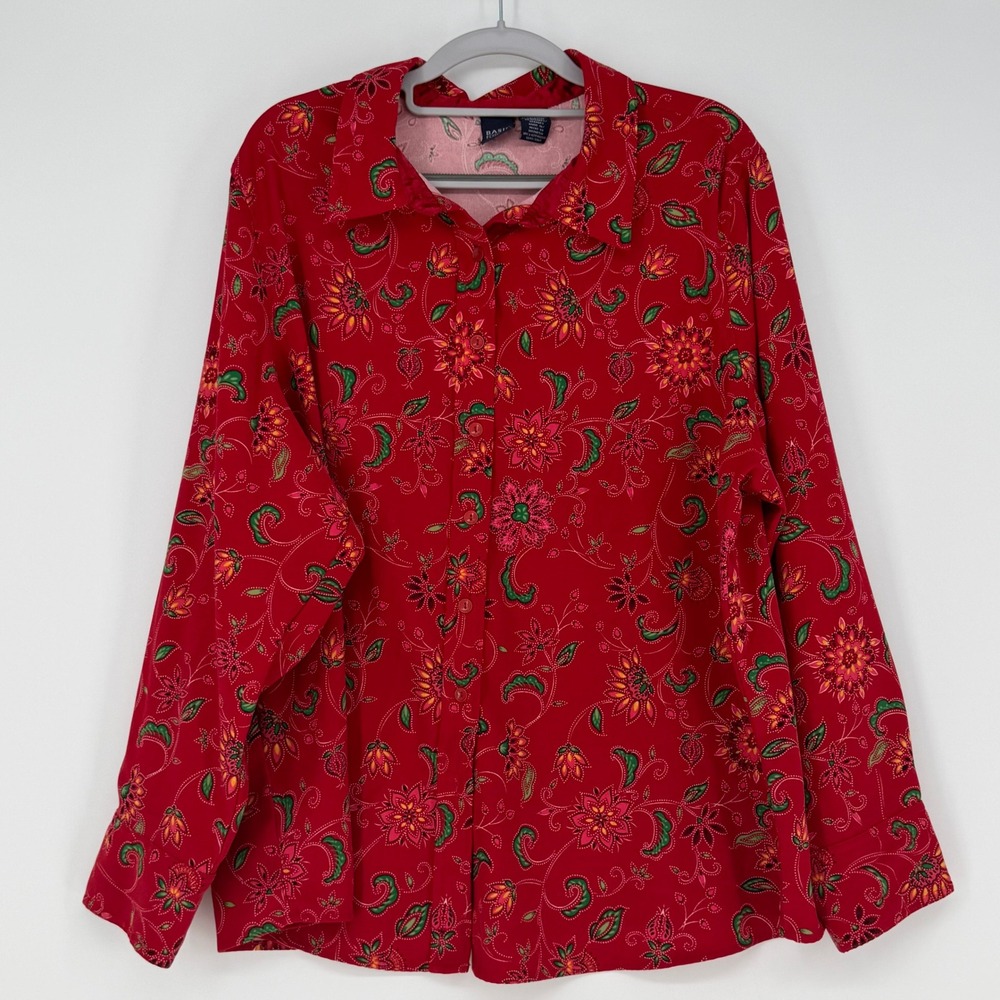 Basic Editions Button Down Shirt Womens 1X Red Floral Paisley Long Sleeve Casual